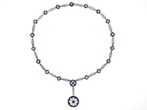 45273 - Platinum Sapphire Diamond Cluster Blue Enamel Link Necklace