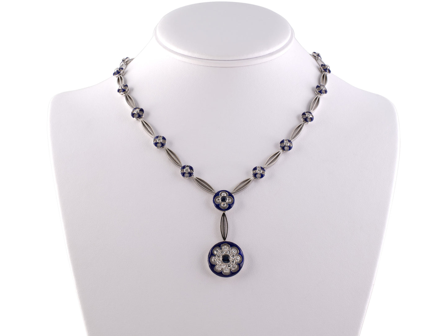 45273 - SOLD - 18K Sapphire Diamond Cluster Blue Enamel Link Necklace