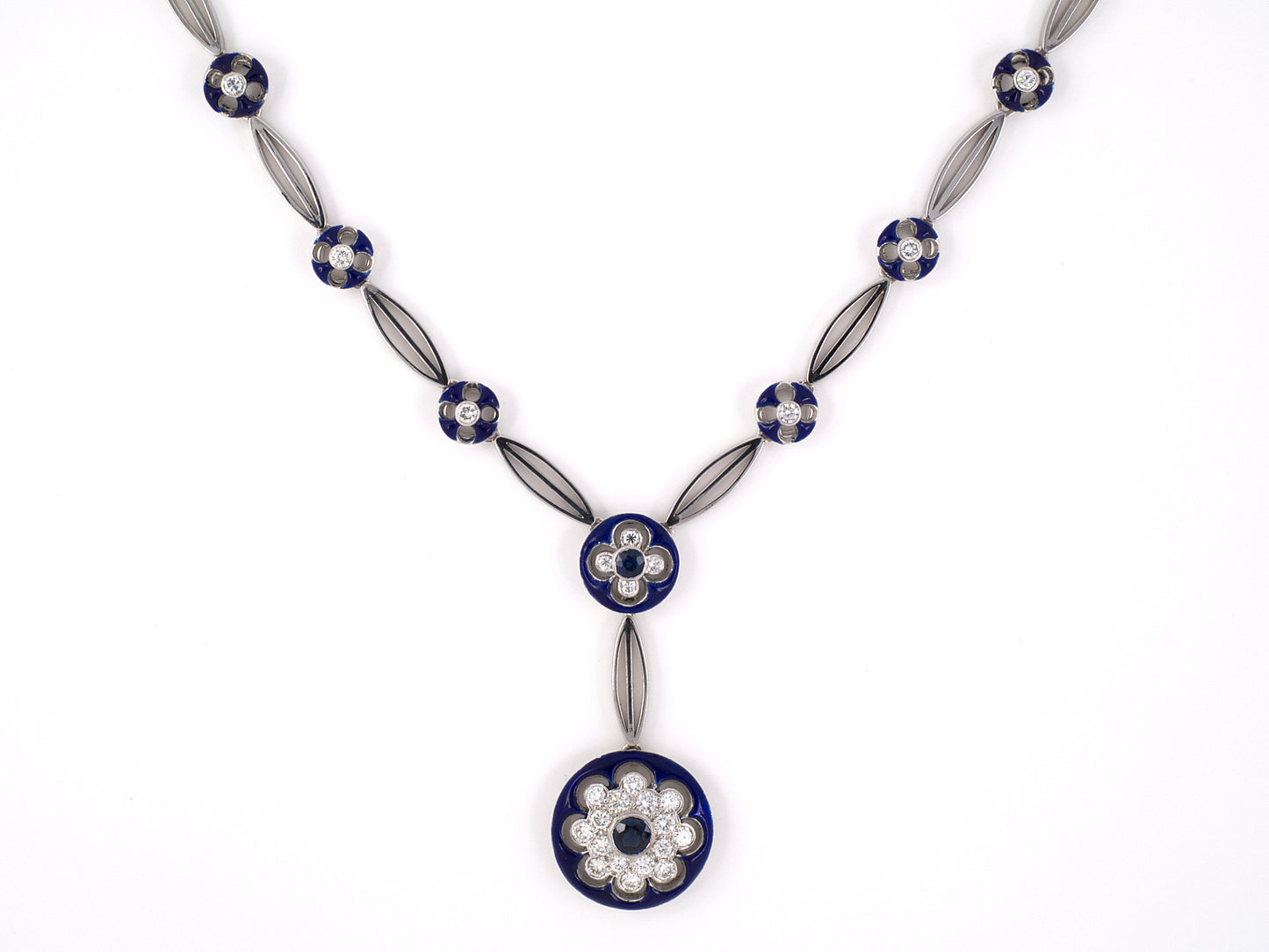 45273 - SOLD - 18K Sapphire Diamond Cluster Blue Enamel Link Necklace