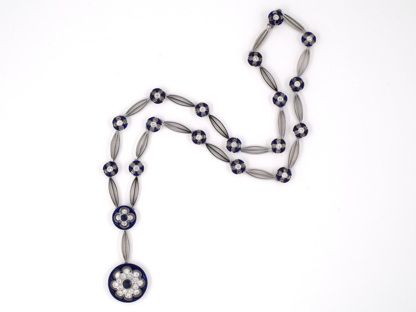 45273 - SOLD - 18K Sapphire Diamond Cluster Blue Enamel Link Necklace