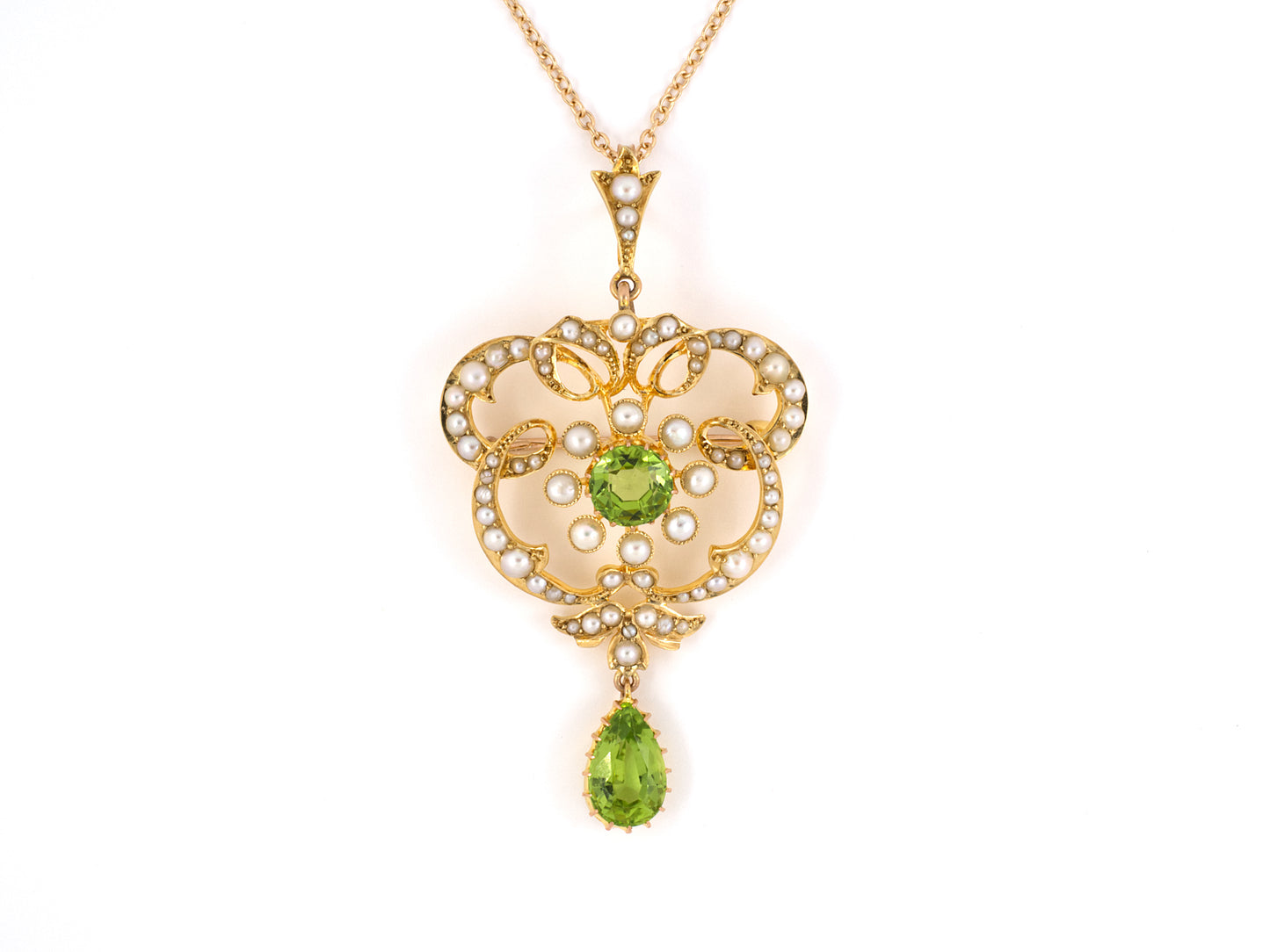 45277 - SOLD - Victorian Gold Peridot Pearl Cluster Swirl Floral Pin Pendant Necklace