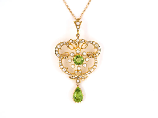 45277 - SOLD - Victorian Gold Peridot Pearl Cluster Swirl Floral Pin Pendant Necklace