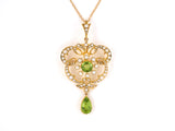 45277 - Victorian Gold Peridot Pearl Cluster Swirl Floral Pin Pendant Necklace