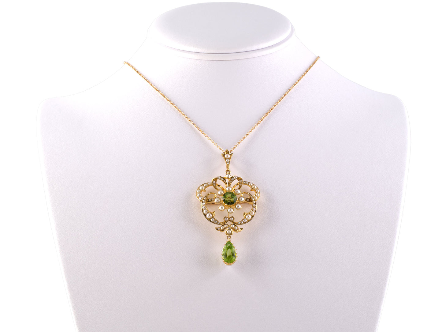 45277 - SOLD - Victorian Gold Peridot Pearl Cluster Swirl Floral Pin Pendant Necklace