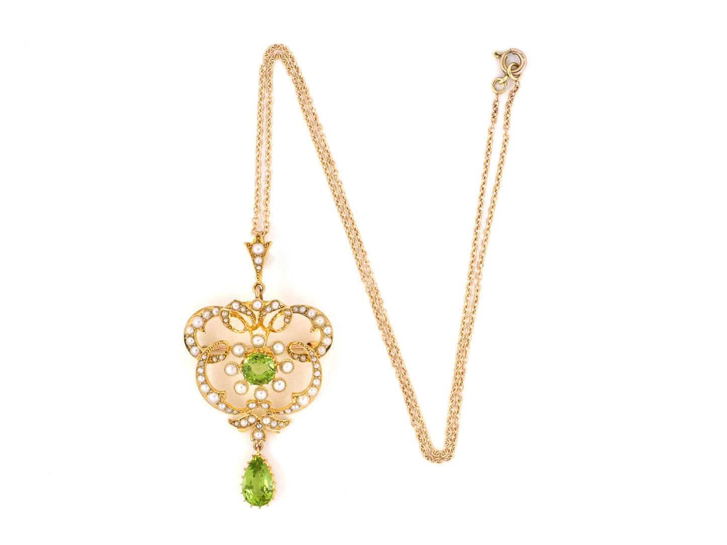 45277 - SOLD - Victorian Gold Peridot Pearl Cluster Swirl Floral Pin Pendant Necklace