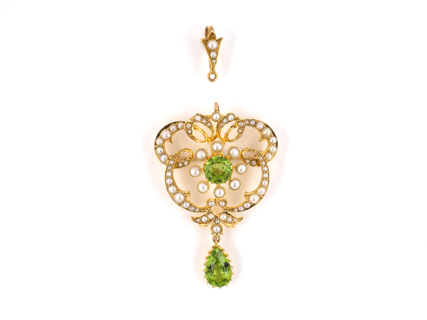 45277 - SOLD - Victorian Gold Peridot Pearl Cluster Swirl Floral Pin Pendant Necklace