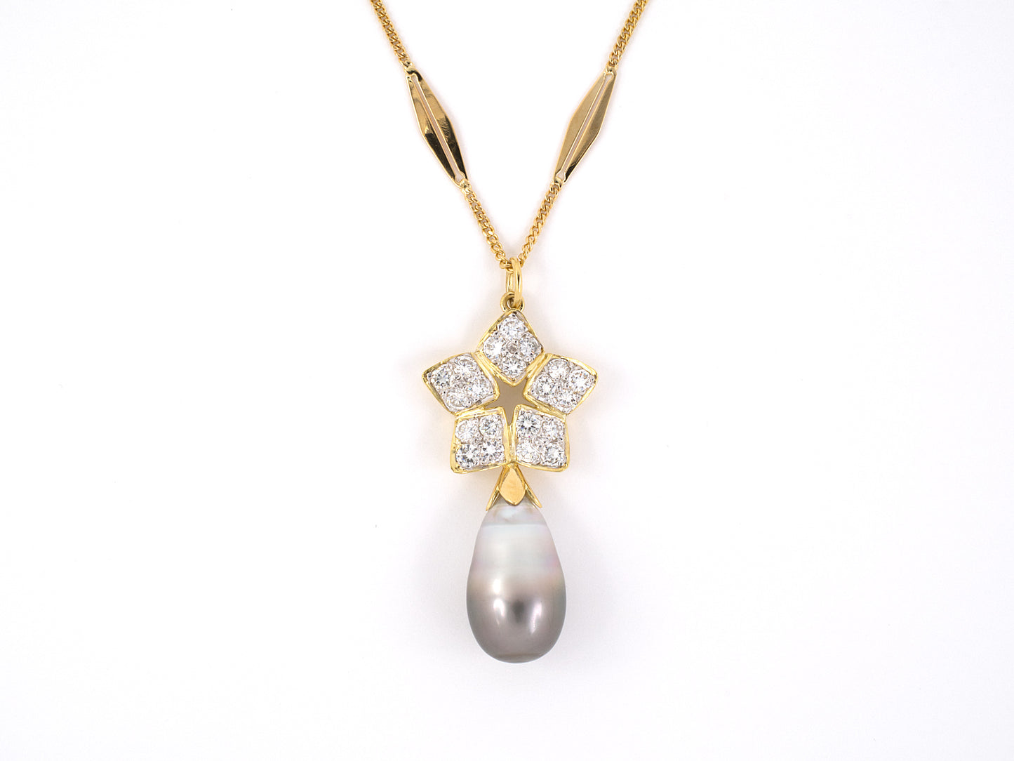45279 - Gold Diamond Star Pendant Tear Drop Pearl  Navette Curb Link Chain Necklace