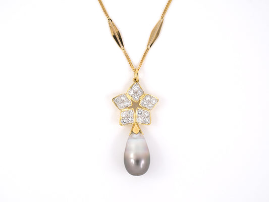45279 - Gold Diamond Star Pendant Tear Drop Pearl  Navette Curb Link Chain Necklace