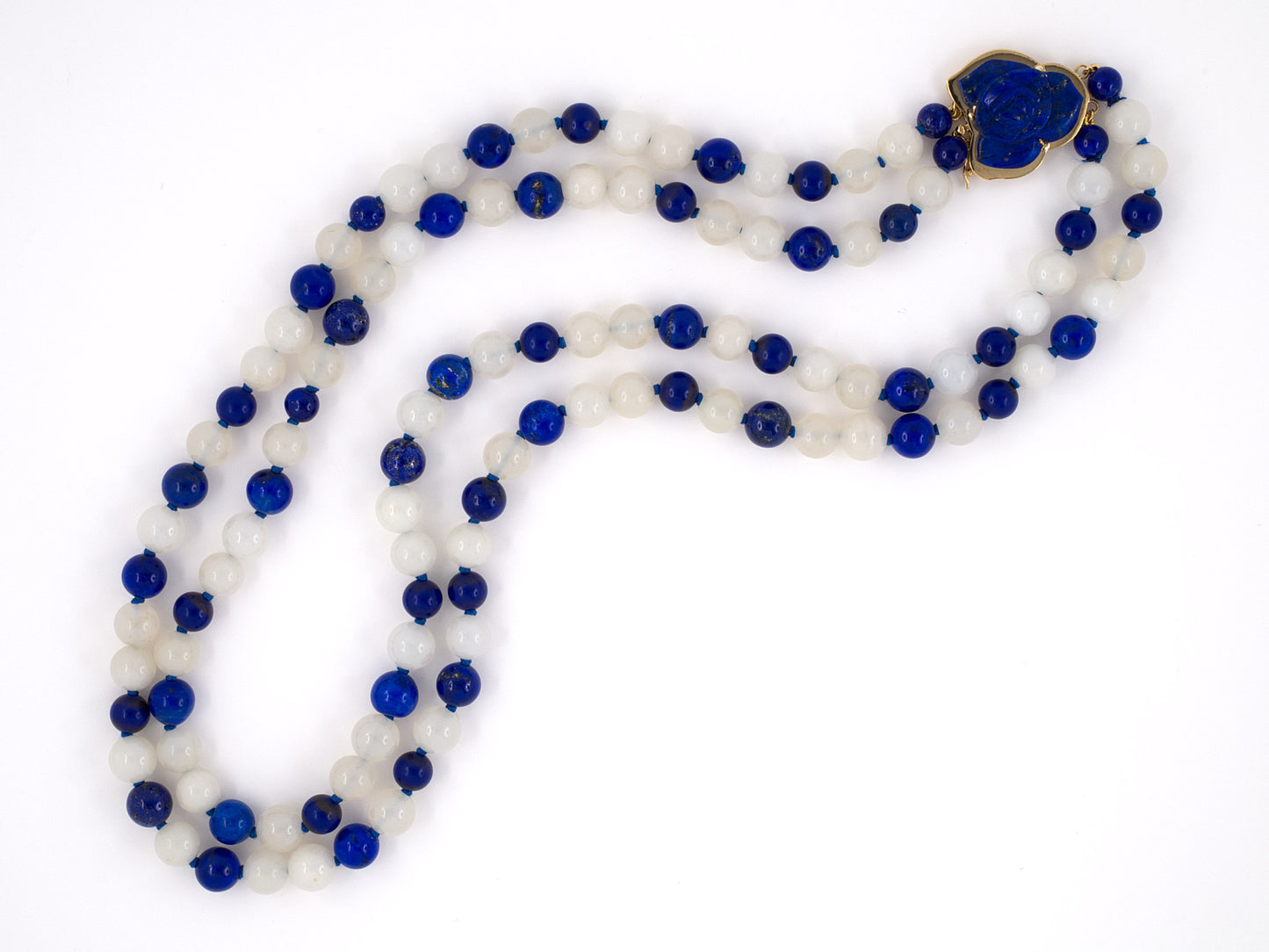45283 - SOLD - Gold Lapis White Agate Carved Lapis Flower 2 Strand Bead Necklace