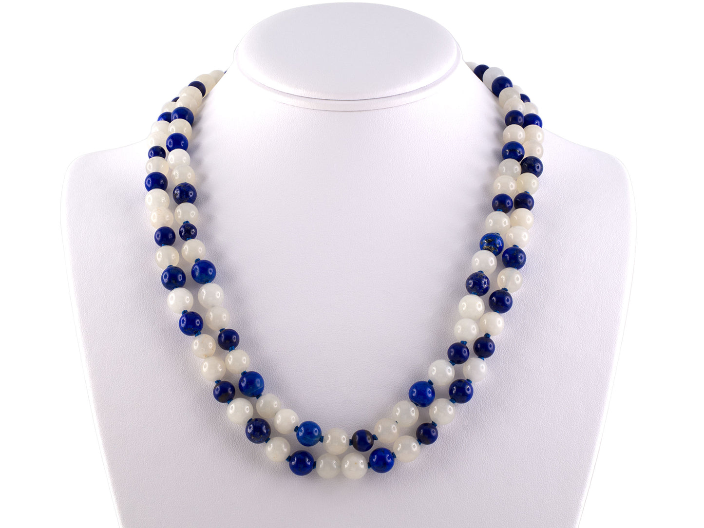45283 - SOLD - Gold Lapis White Agate Carved Lapis Flower 2 Strand Bead Necklace