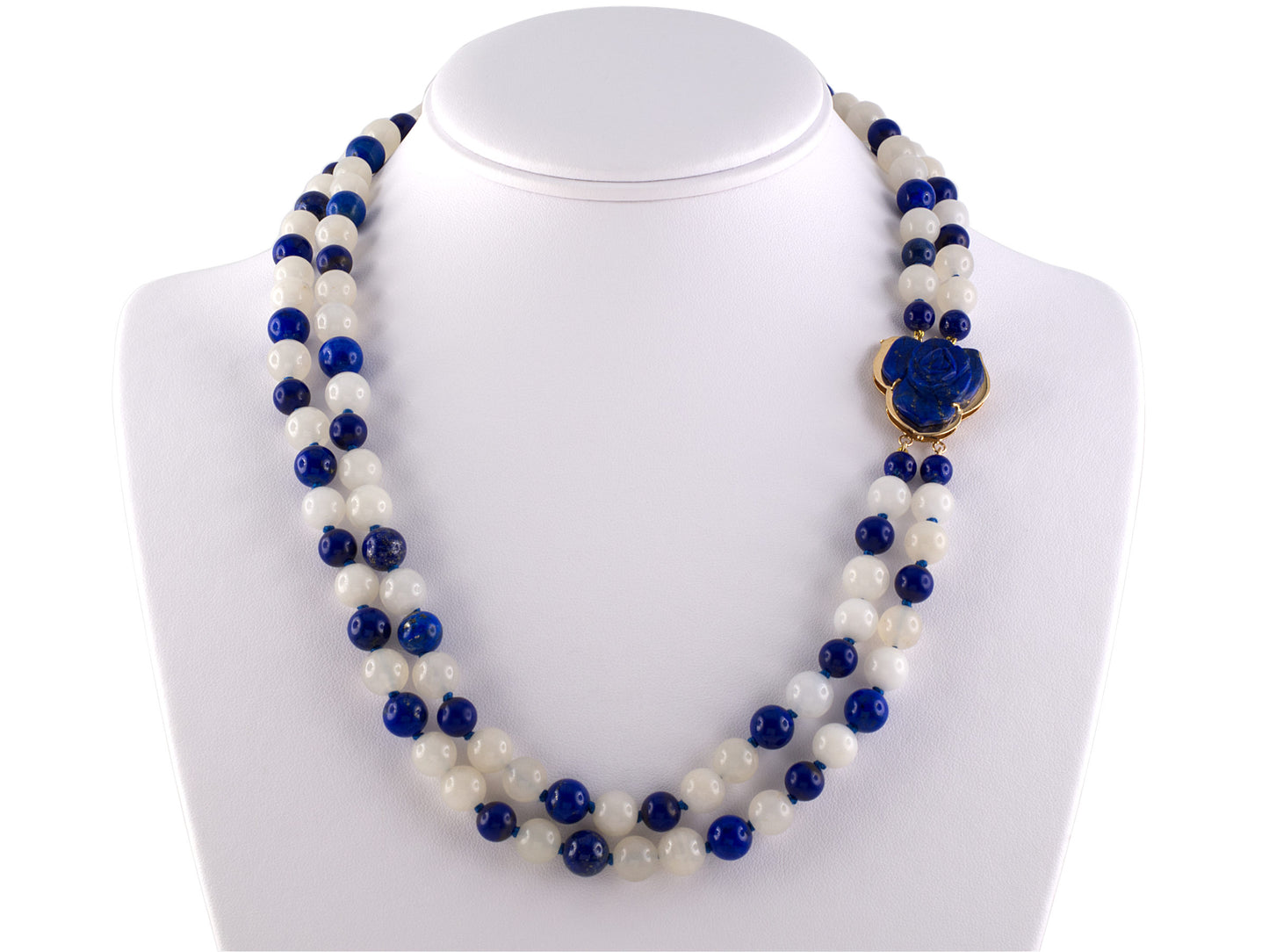 45283 - SOLD - Gold Lapis White Agate Carved Lapis Flower 2 Strand Bead Necklace