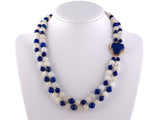 45283 - Gold Lapis White Agate Carved Lapis Flower 2 Strand Bead Necklace