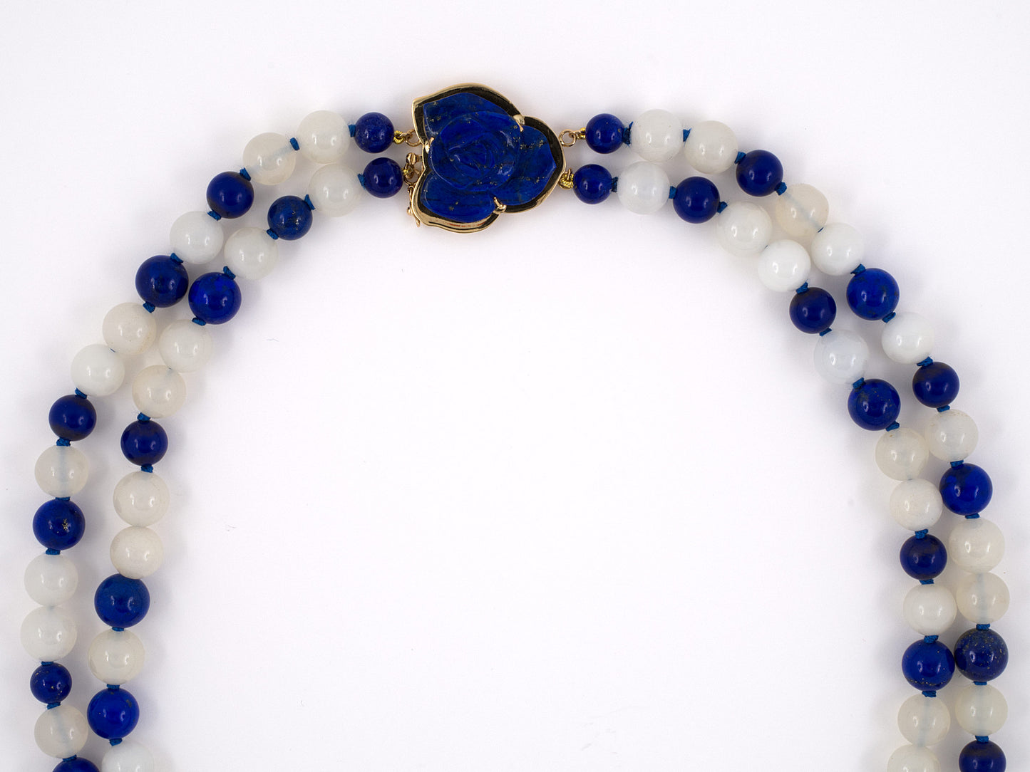 45283 - SOLD - Gold Lapis White Agate Carved Lapis Flower 2 Strand Bead Necklace