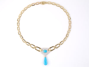 45284 - SOLD - Gold Turquoise Diamond Shield Design Center With Tear Drop Link Necklace