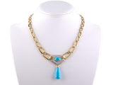 45284 - SOLD - Gold Turquoise Diamond Shield Design Center With Tear Drop Link Necklace