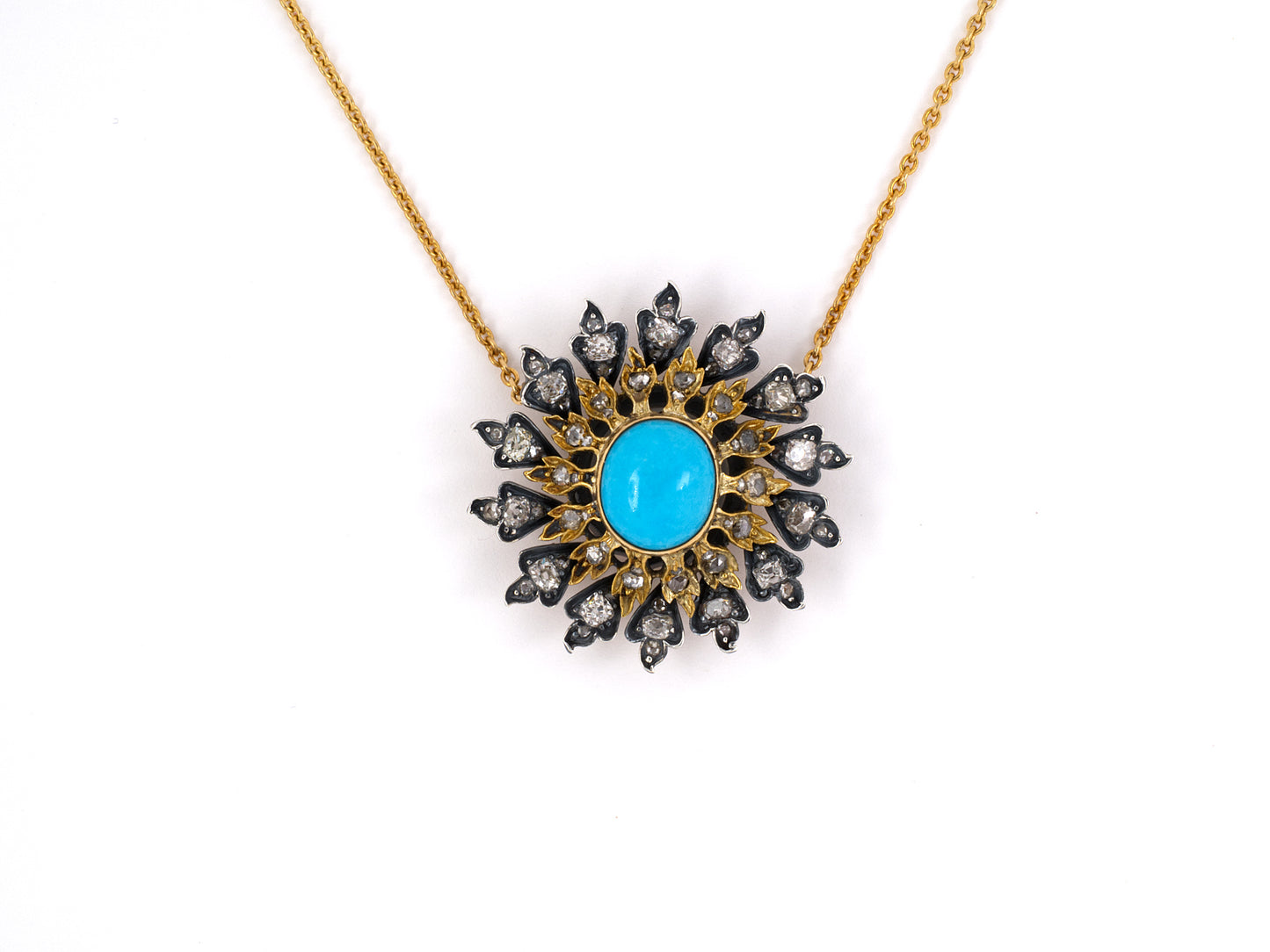 45285 - SOLD - Victorian Gold Sterling Silver Turquoise Diamond Cluster Pendant Necklace