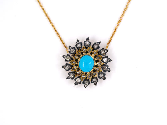 45285 - SOLD - Victorian Gold Sterling Silver Turquoise Diamond Cluster Pendant Necklace