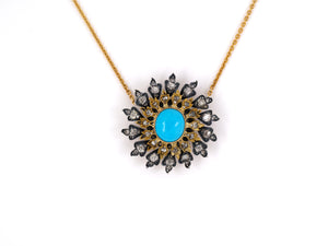 45285 - Victorian Gold Sterling Silver Turquoise Diamond Cluster Pendant Necklace