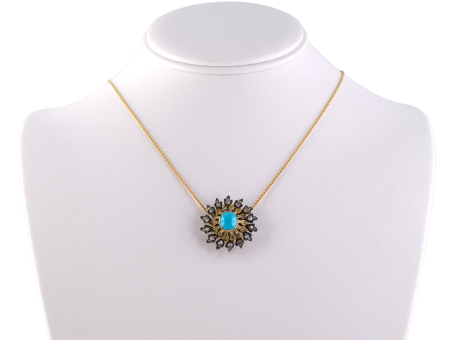 45285 - SOLD - Victorian Gold Sterling Silver Turquoise Diamond Cluster Pendant Necklace