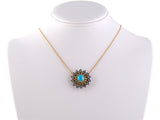 45285 - Victorian Gold Sterling Silver Turquoise Diamond Cluster Pendant Necklace