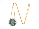 45285 - Victorian Gold Sterling Silver Turquoise Diamond Cluster Pendant Necklace