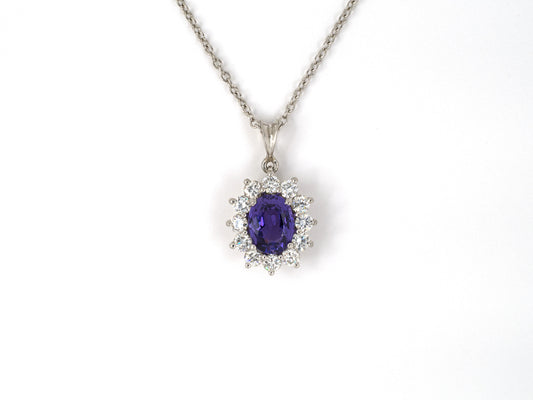 45288 - SOLD - Platinum Diamond AGL Purple Sapphire Cluster Pendant Necklace