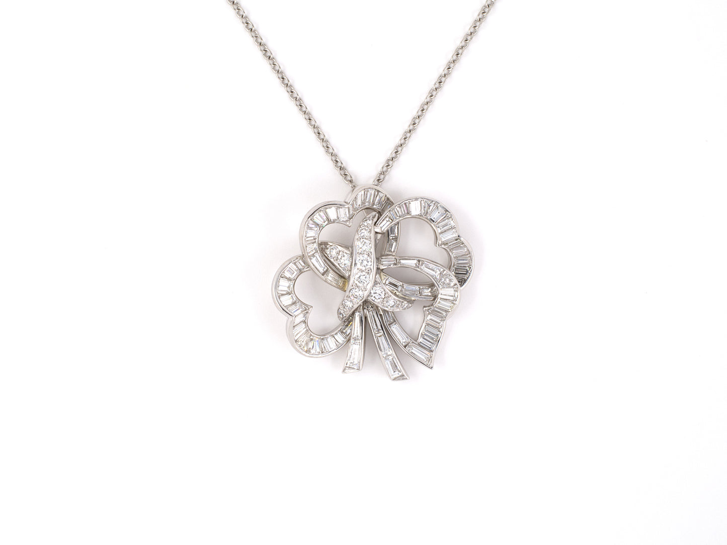 45289 - SOLD - Circa 1950s Platinum Diamond Clover Shaped Heart Pendant Necklace