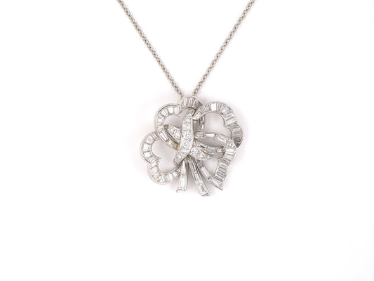 45289 - SOLD - Circa 1950s Platinum Diamond Clover Shaped Heart Pendant Necklace