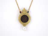 45290 - SOLD - Circa 1980s Gold Pearl Ruby Sapphire Diamond Roman Coin Pendant Necklace