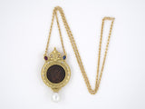 45290 - SOLD - Circa 1980s Gold Pearl Ruby Sapphire Diamond Roman Coin Pendant Necklace