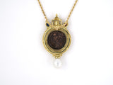 45290 - SOLD - Circa 1980s Gold Pearl Ruby Sapphire Diamond Roman Coin Pendant Necklace