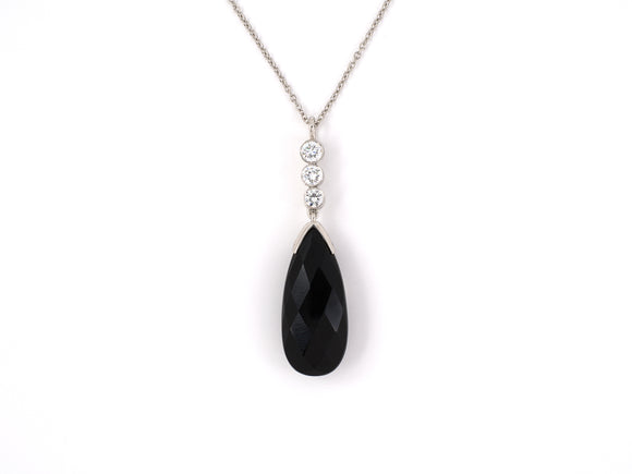 45291 - SOLD - Platinum Diamond Faceted Black Onyx Tear Drop Dangle Pendant Necklace