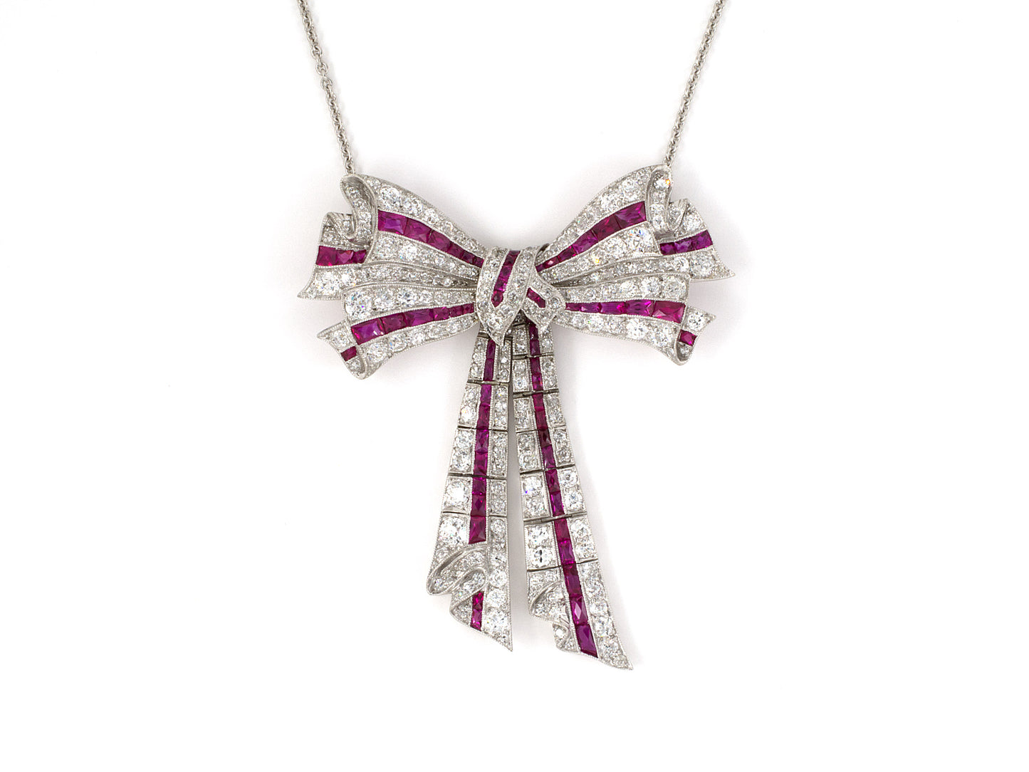 45295 - Edwardian Platinum Diamond Ruby Bow Pin Pendant Necklace