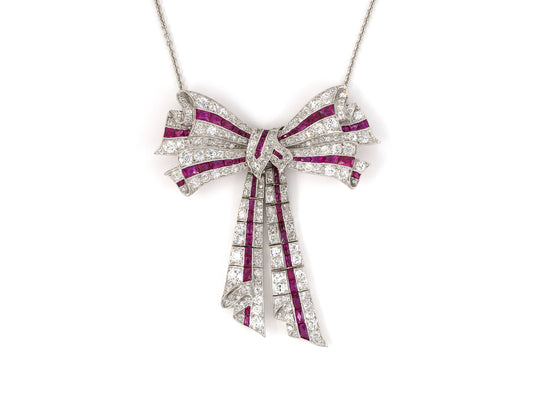 45295 - Edwardian Platinum Diamond Ruby Bow Pin Pendant Necklace