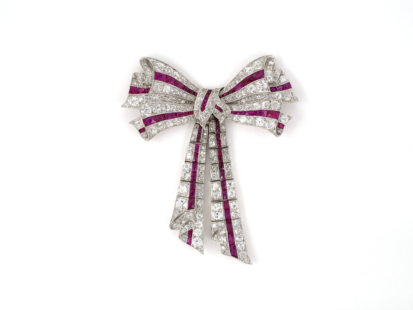 45295 - Edwardian Platinum Diamond Ruby Bow Pin Pendant Necklace