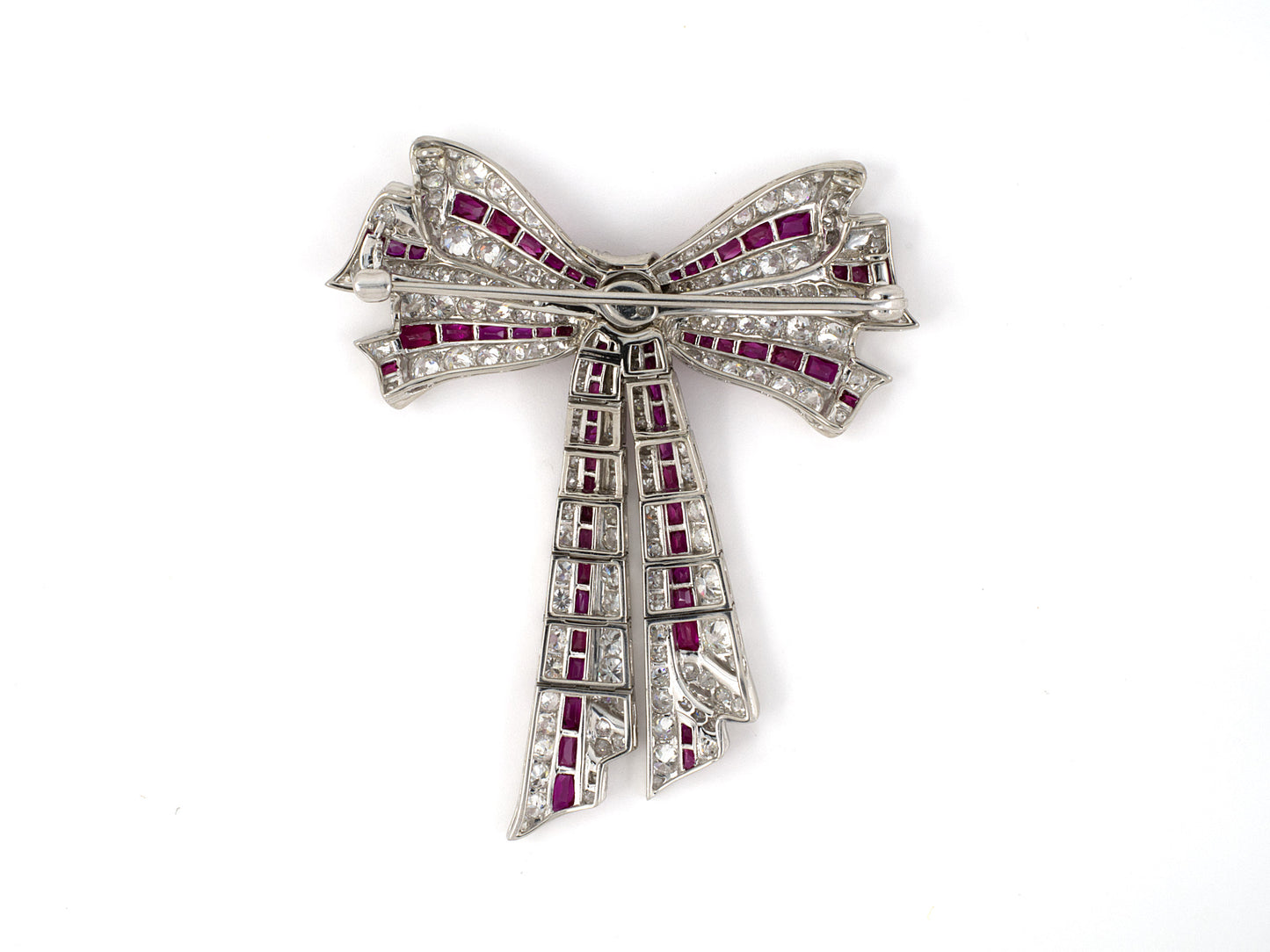 45295 - Edwardian Platinum Diamond Ruby Bow Pin Pendant Necklace