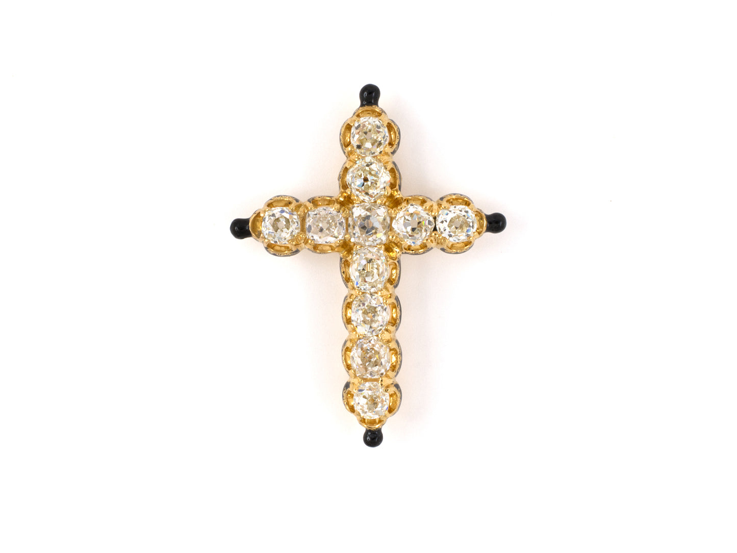 45297 - SOLD - Victorian Gold Diamond Black Enamel Cross Pin Pendant Sautoir
