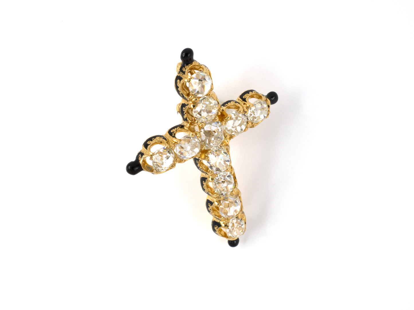 45297 - SOLD - Victorian Gold Diamond Black Enamel Cross Pin Pendant Sautoir