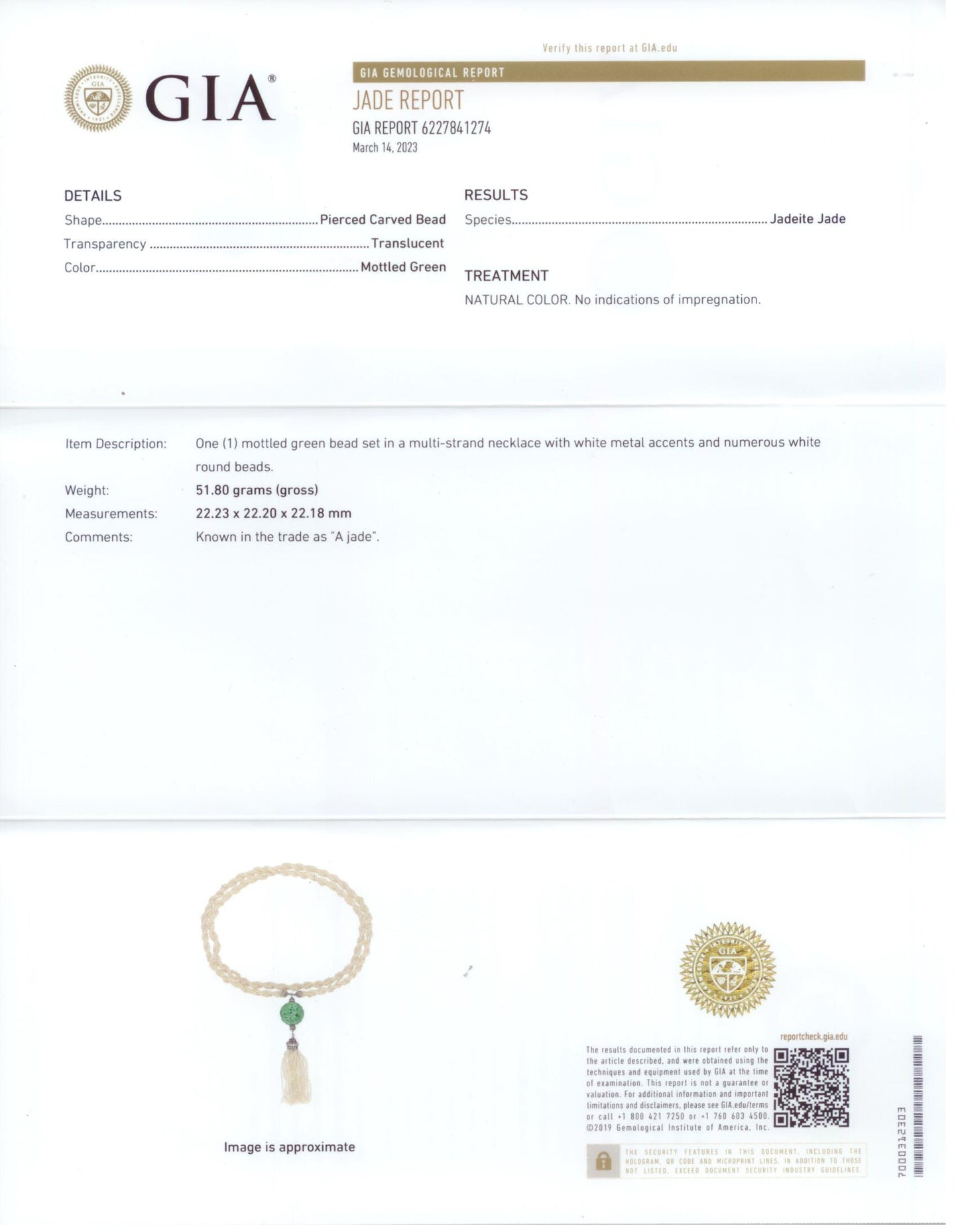 45299 - Circa 1910 Platinum GIA Jadeite Carved Ball Seed Pearl Tassels Pendant Necklace