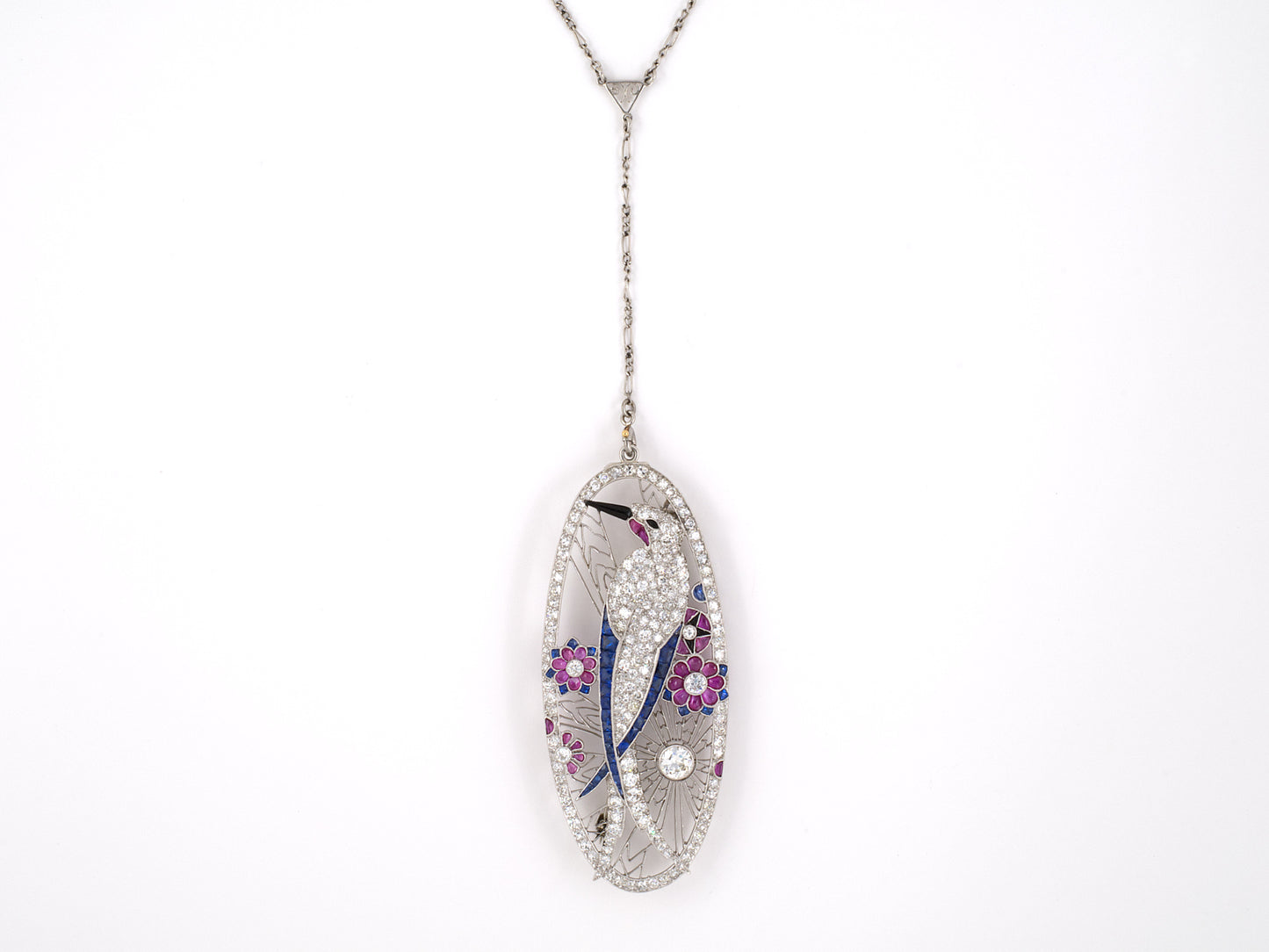 45302 - Art Deco Platinum Diamond Sapphire Onyx Enamel Bird Flower Pin Pendant With Sautoir
