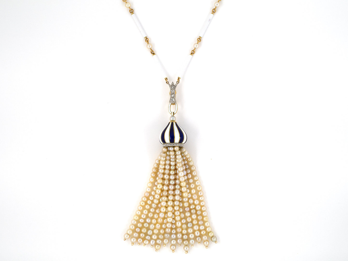 45303 - Victorian French Gold Platinum Rose Cut Diamond Enamel GIA Natural Pearl Tassels Drop Pendant Necklace