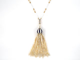 45303 - Victorian French Gold Platinum Rose Cut Diamond Enamel GIA Natural Pearl Tassels Drop Pendant Necklace