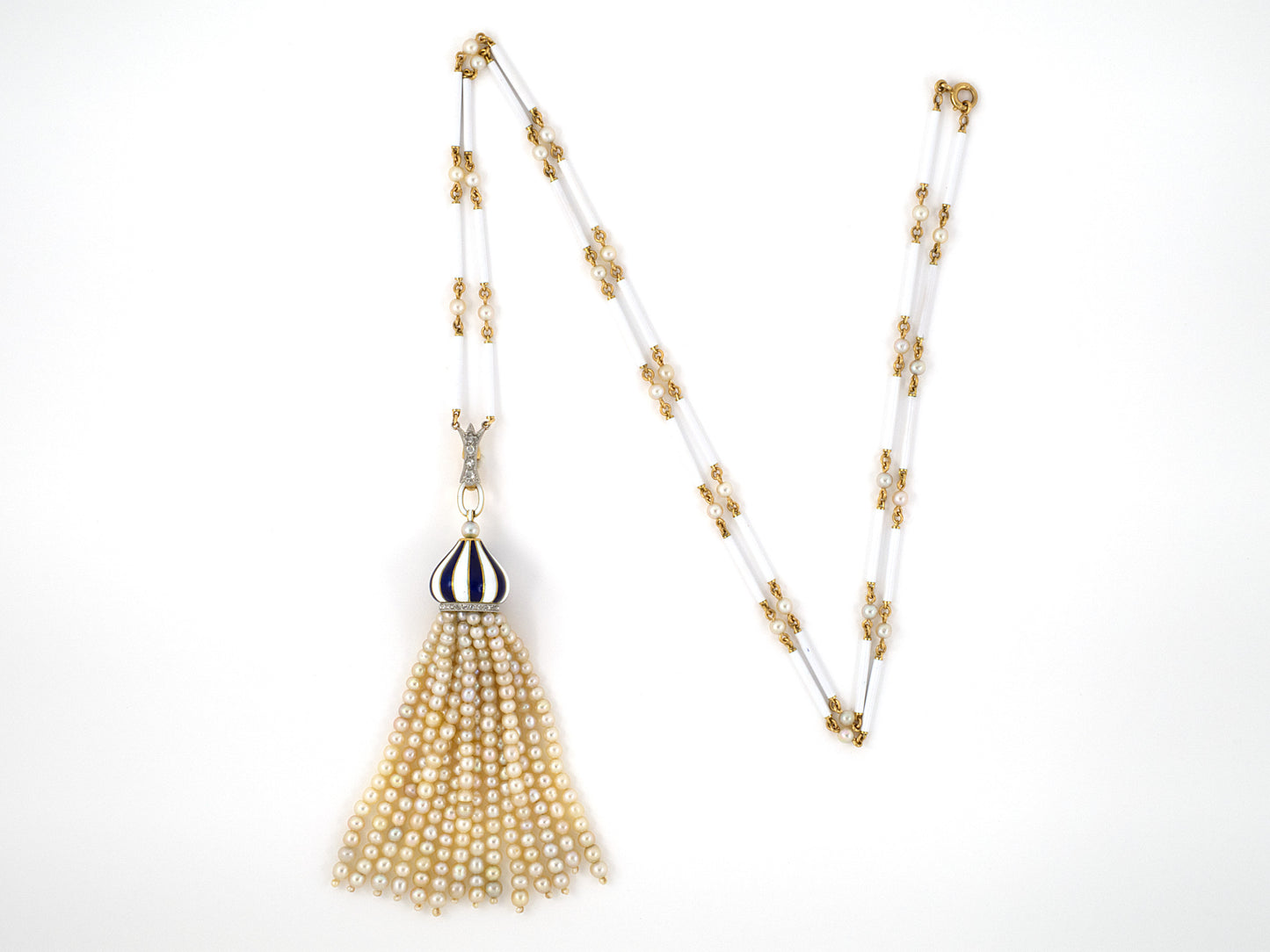 45303 - Victorian French Gold Platinum Rose Cut Diamond Enamel GIA Natural Pearl Tassels Drop Pendant Necklace