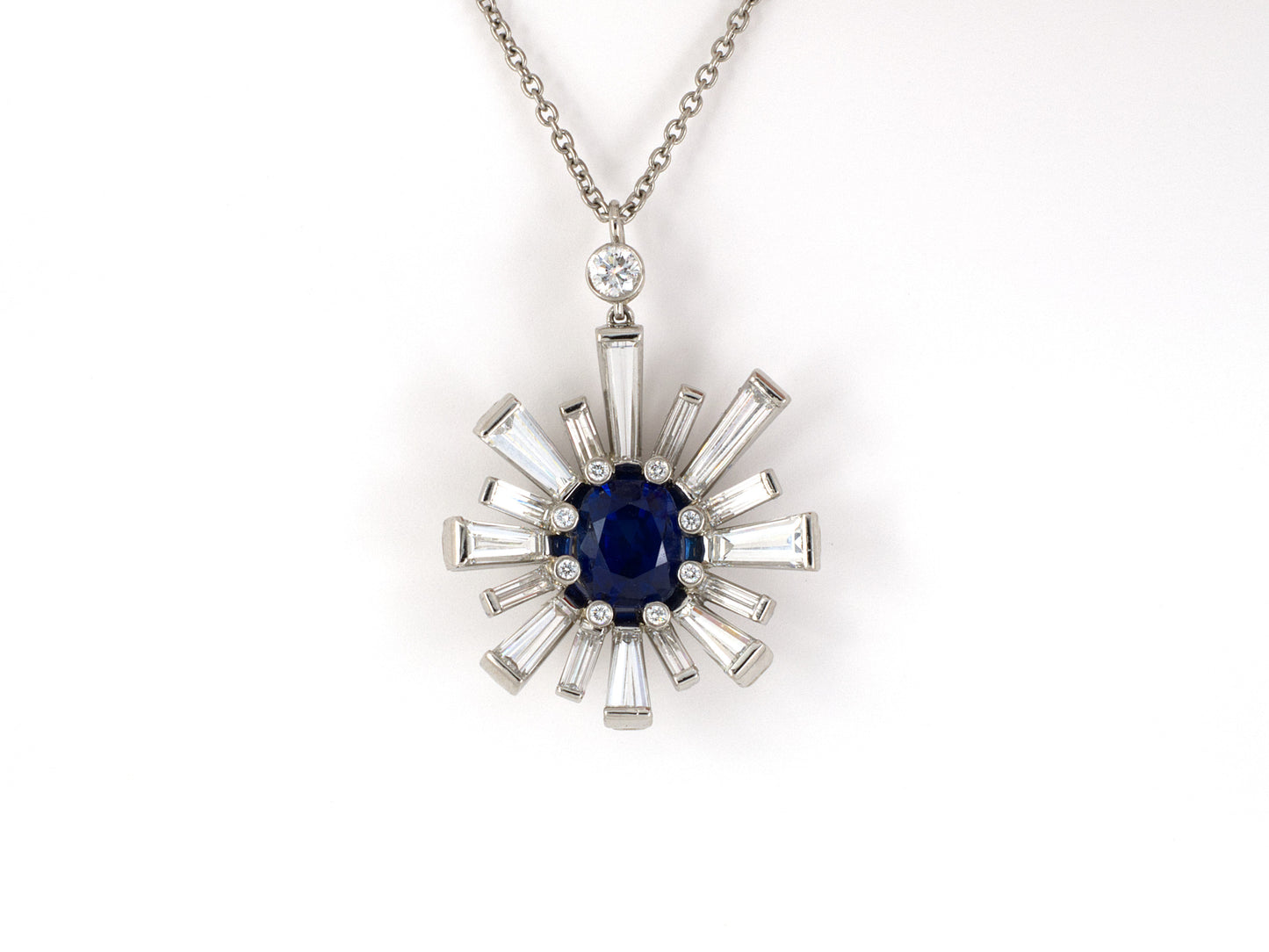 45304 - SOLD - Platinum AGL Burma Sapphire Diamond Starburst Cluster Pendant Necklace