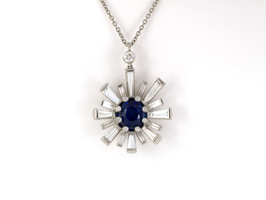 45304 - SOLD - Platinum AGL Burma Sapphire Diamond Starburst Cluster Pendant Necklace