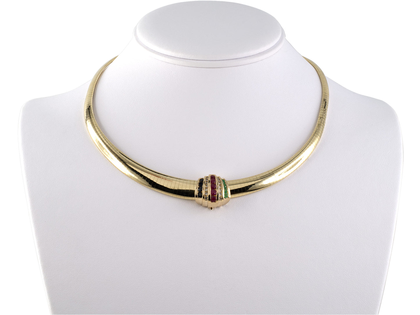 45306 - Gold Diamond Ruby Emerald Sapphire Slide Tapered Omega Necklace