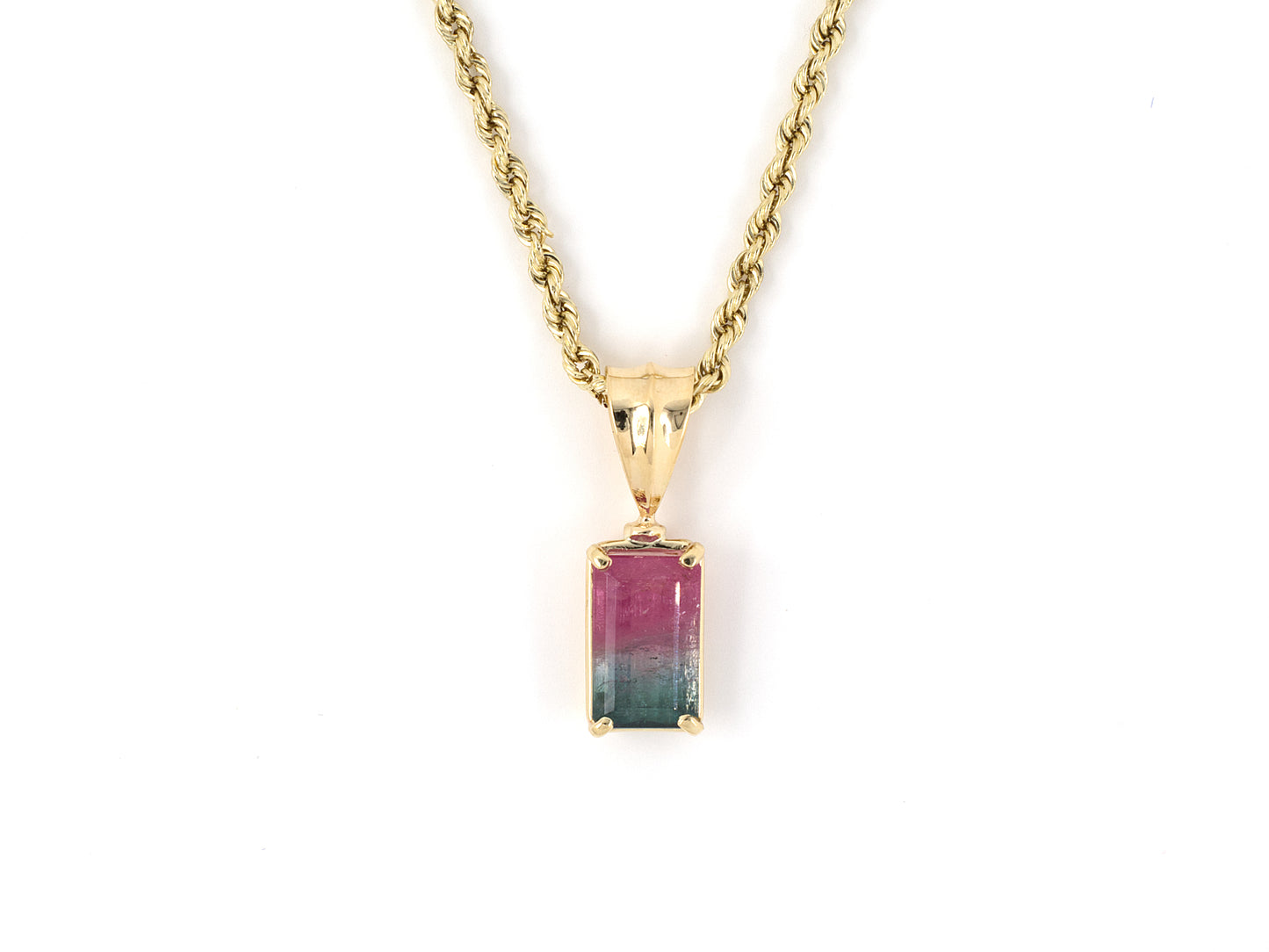 45311 - Gold Rectangular Watermelon Tourmaline Pendant Necklace