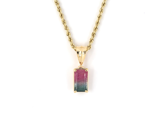 45311 - Gold Rectangular Watermelon Tourmaline Pendant Necklace