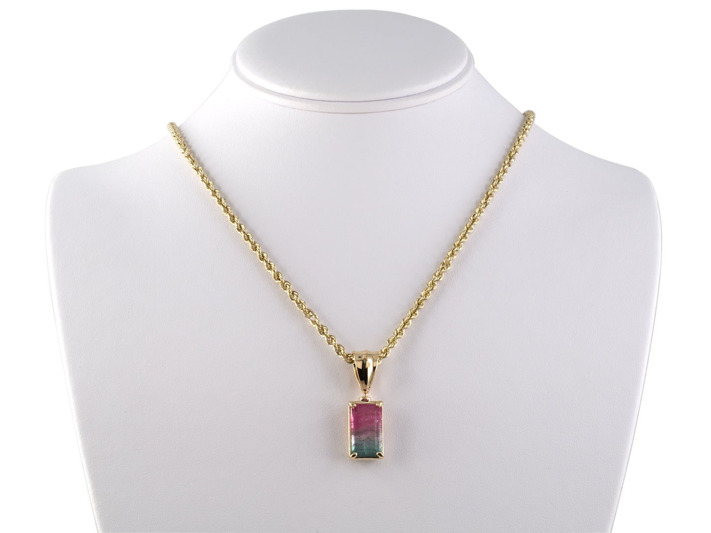 45311 - Gold Rectangular Watermelon Tourmaline Pendant Necklace