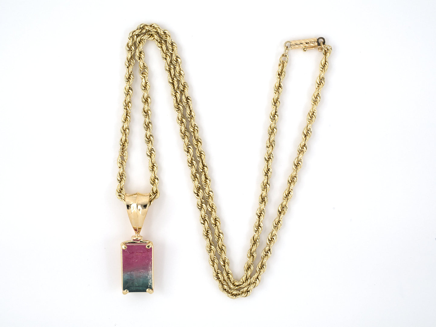 45311 - Gold Rectangular Watermelon Tourmaline Pendant Necklace